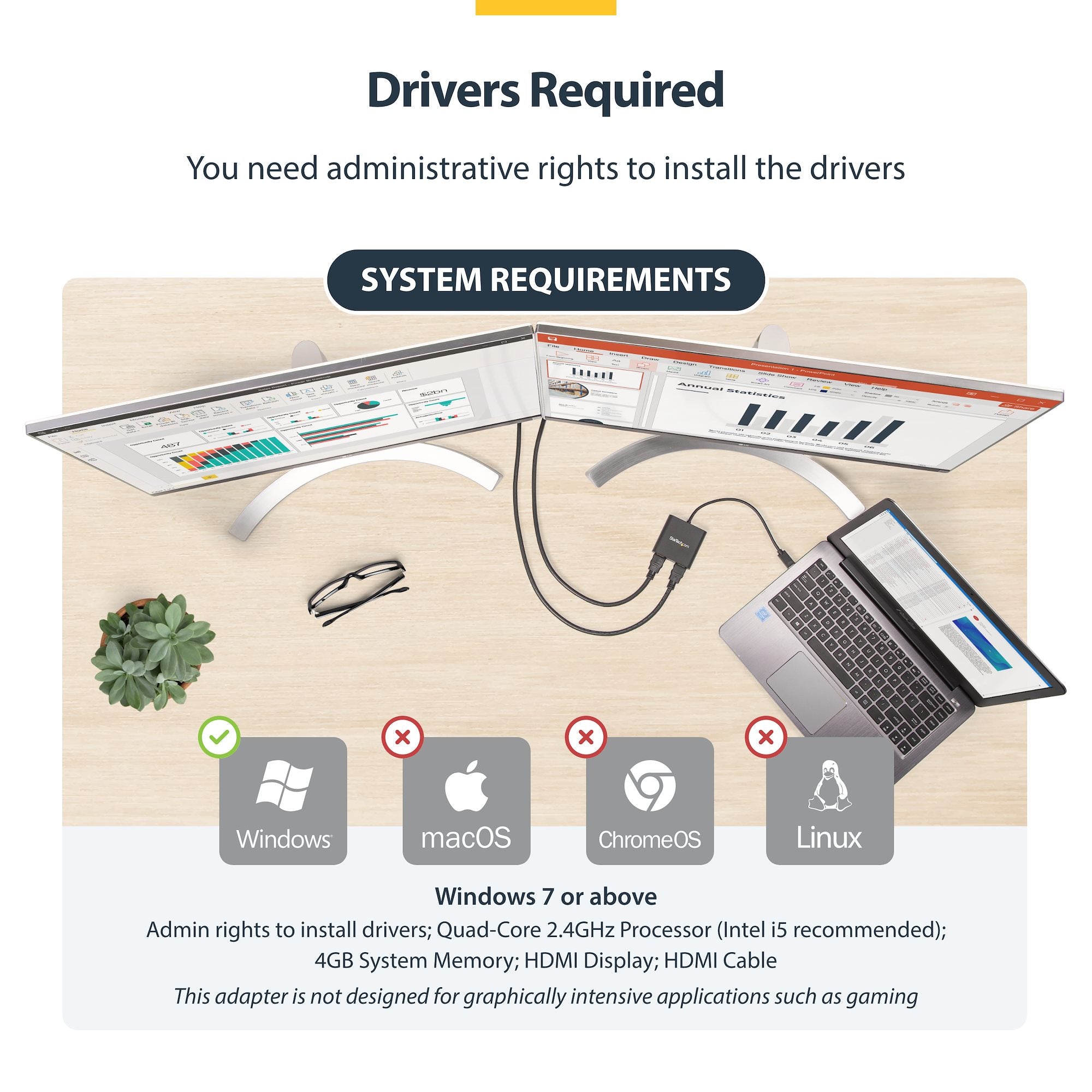USB 3.0 to Dual HDMI Adapter, USB to 2x HDMI Monitor Converter for Windows (no support for macOS/ChromeOS/Linux) - TAA 