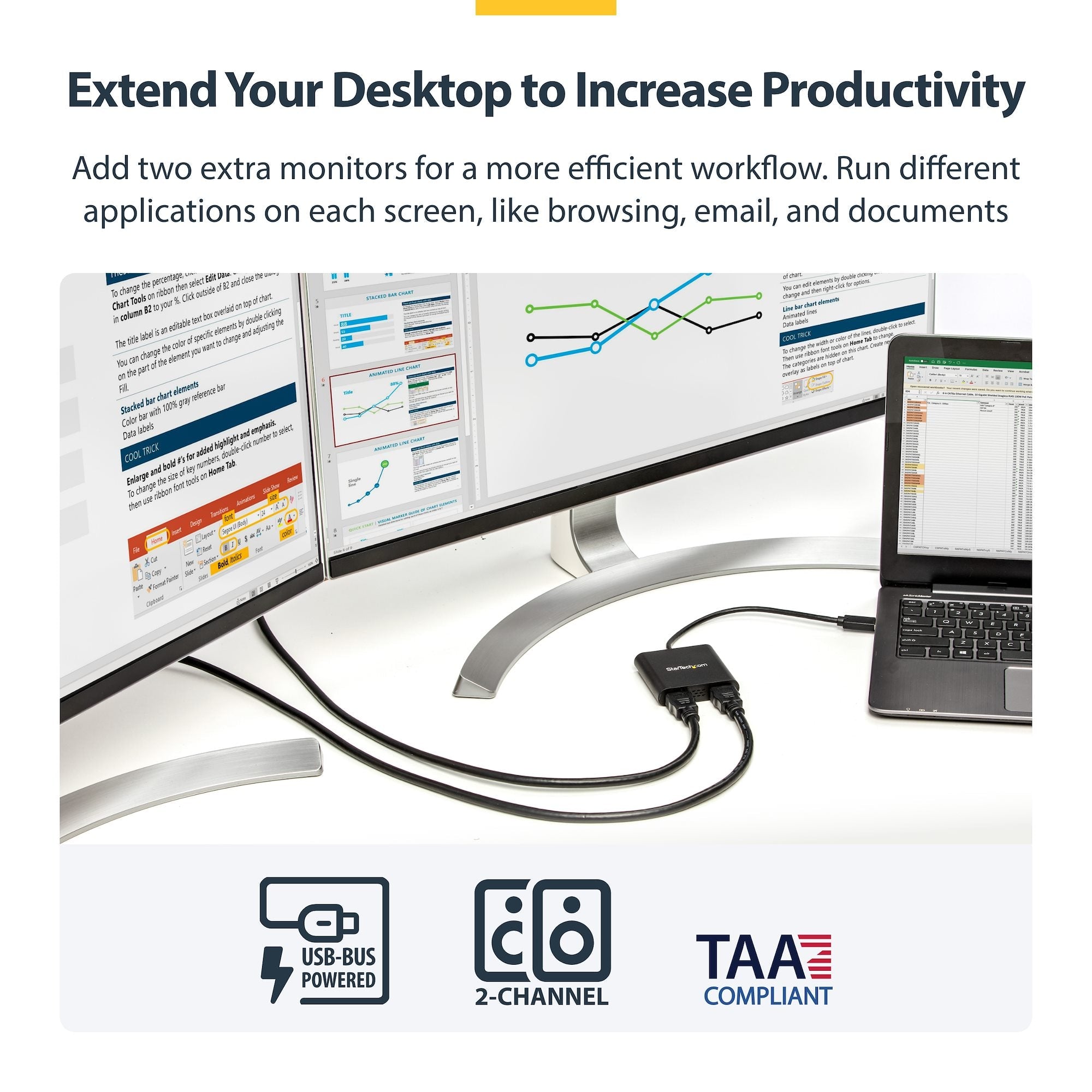 USB 3.0 to Dual HDMI Adapter, USB to 2x HDMI Monitor Converter for Windows (no support for macOS/ChromeOS/Linux) - TAA 
