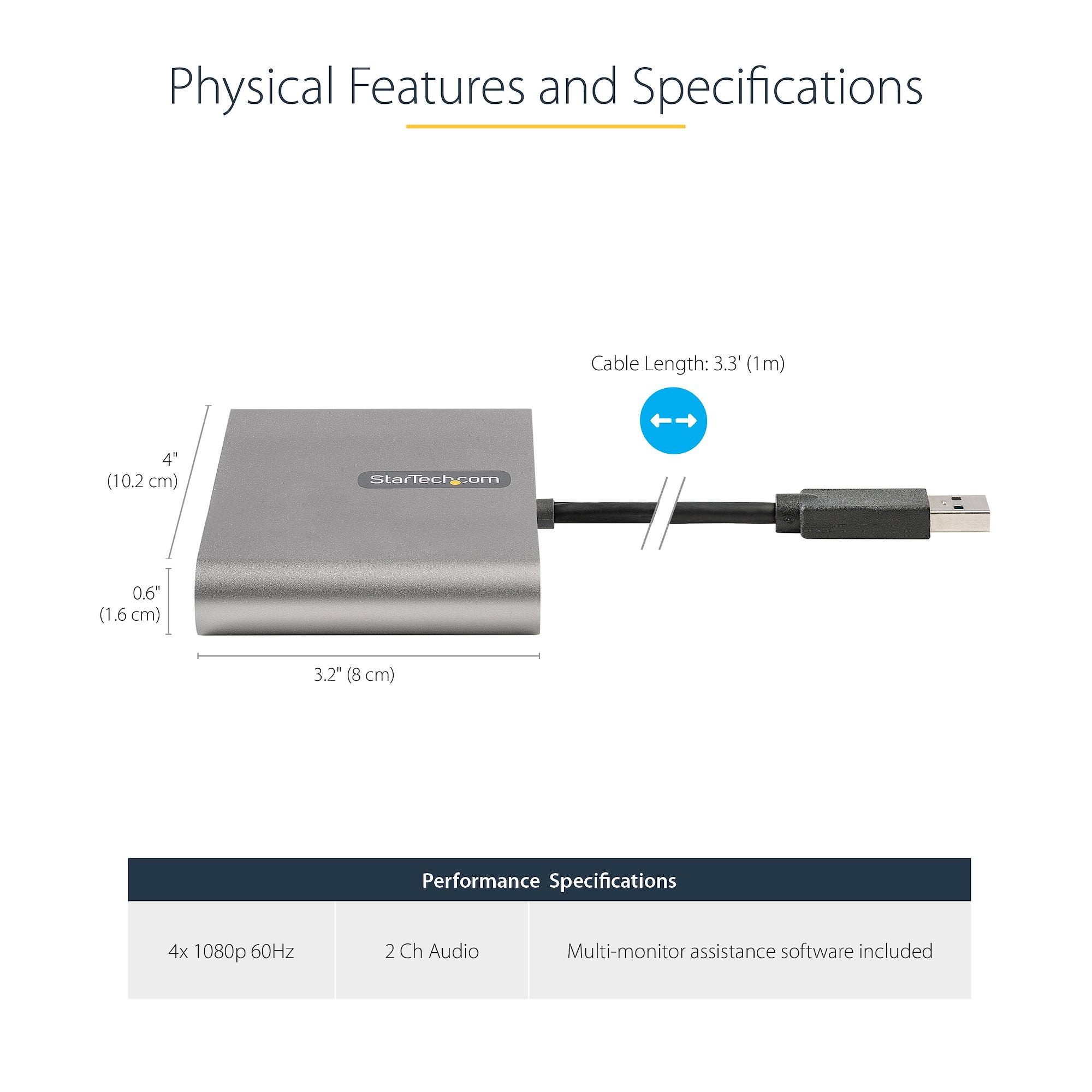 USB 3.0 to Quad HDMI Adapter, USB to 4x HDMI Monitor Converter for Windows (no support for macOS/ChromeOS/Linux) - TAA 