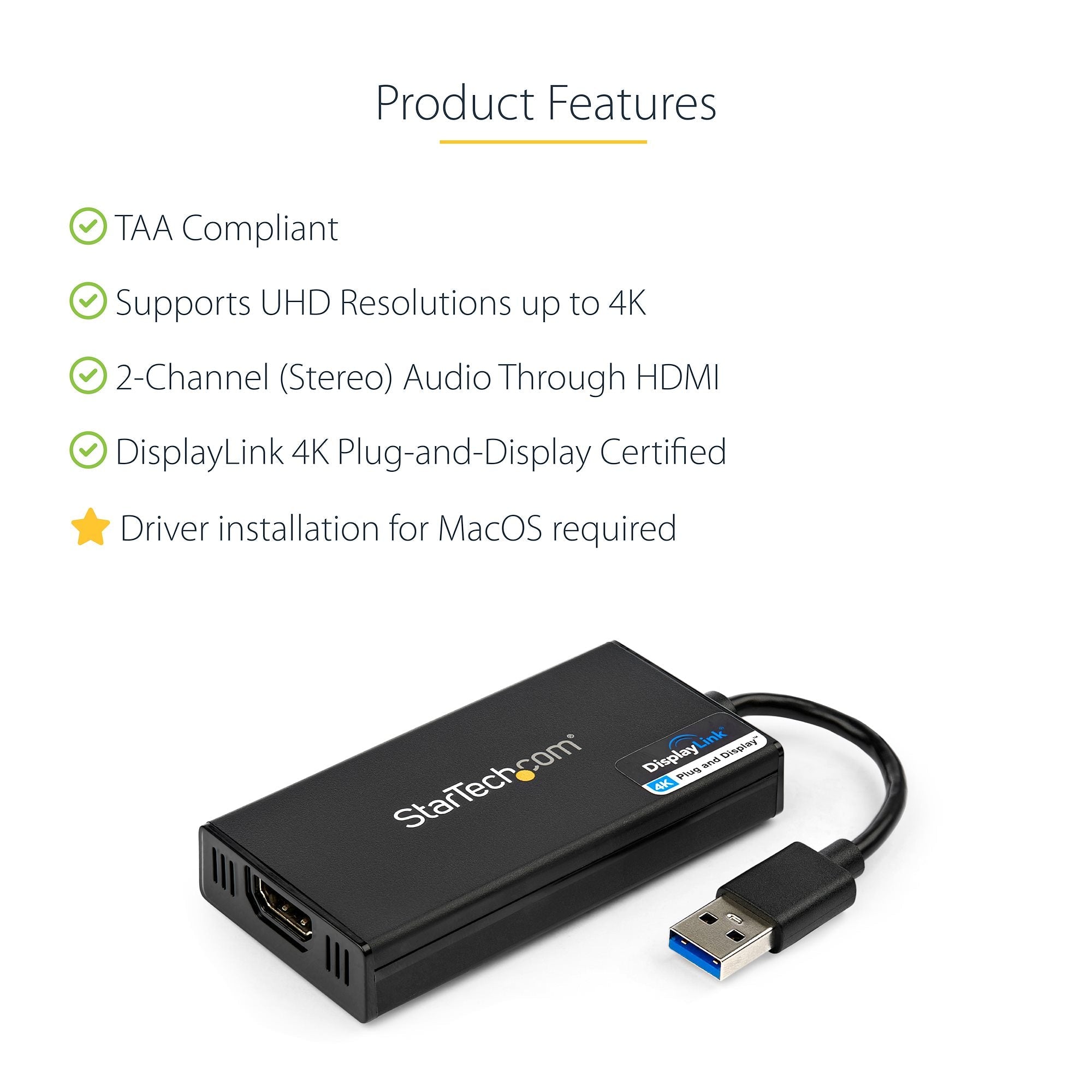 USB 3.0 to HDMI Adapter, 4K 30Hz UHD, DisplayLink Certified, USB to HDMI Display Adapter, USB to HDMI Adapter for Mac & Windows - TAA 