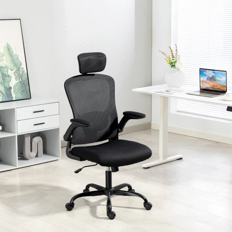 Ergonomic Office Chair, Mesh Desk Chair with Adjustable Headrest, Lumbar Support and Height, Flip-Up Armrests, Black