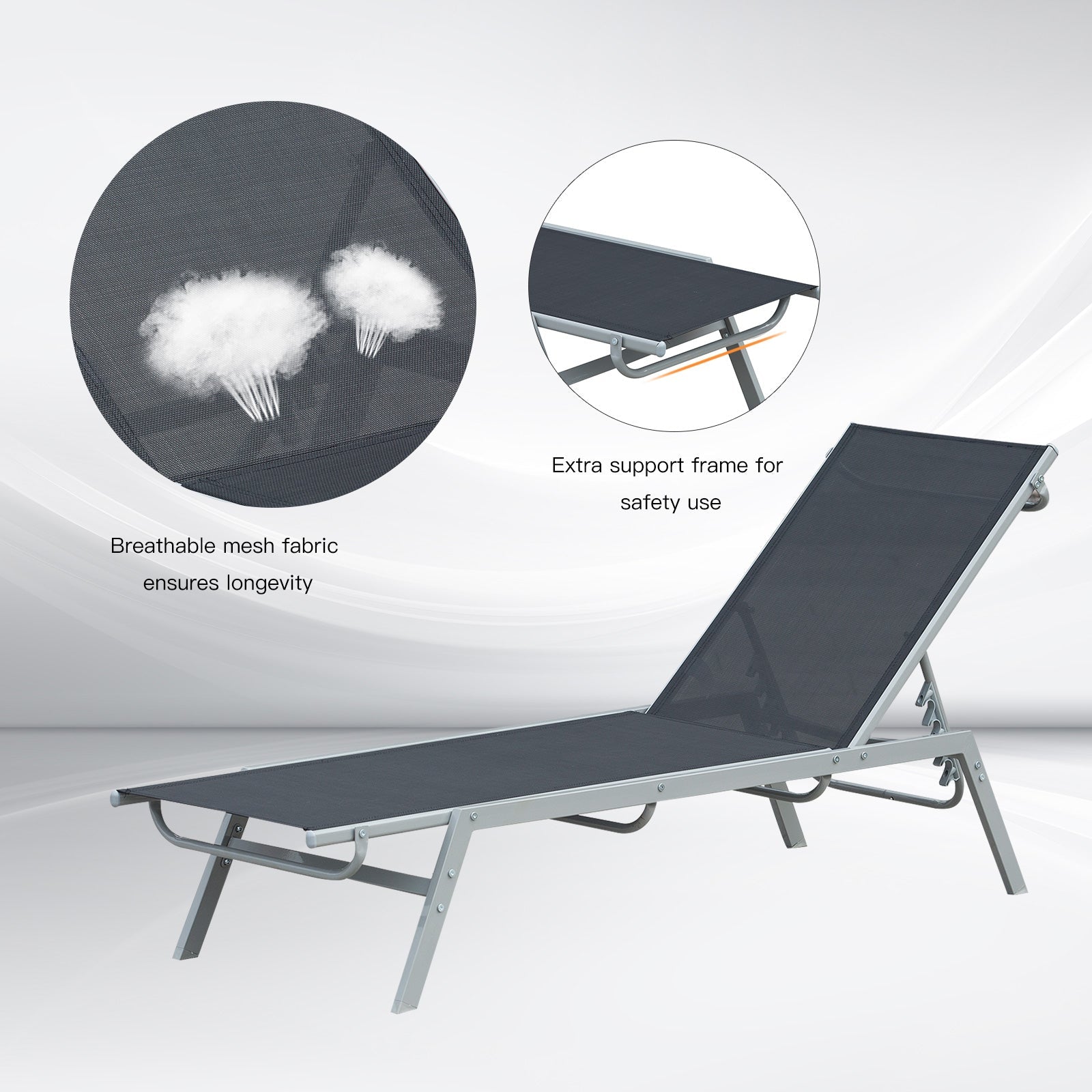 Outsunny Sun Lounger, Outdoor Chaise Lounge with 5-Position Backrest for garden, Black 