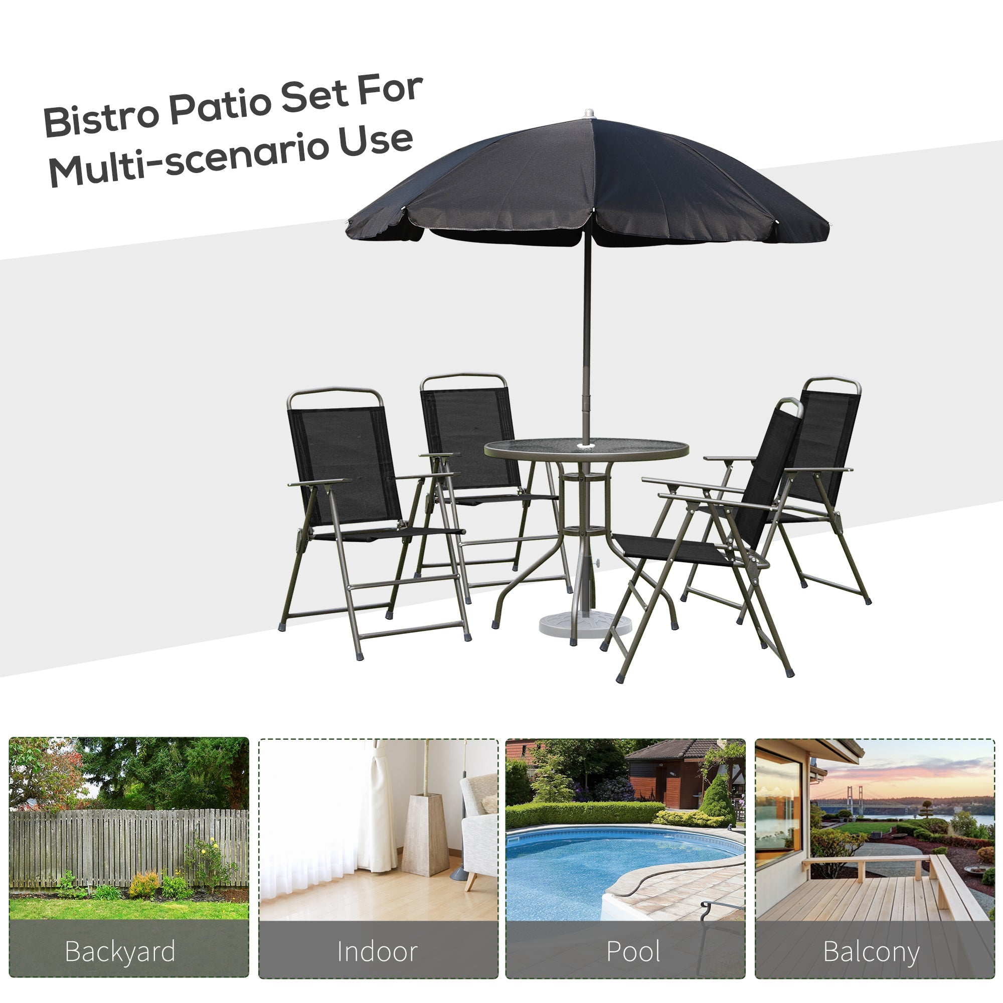 Outsunny 6PC Garden Dining Set with Umbrella Outdoor Patio Furniture Round Table Folding Chairs Cream-white 