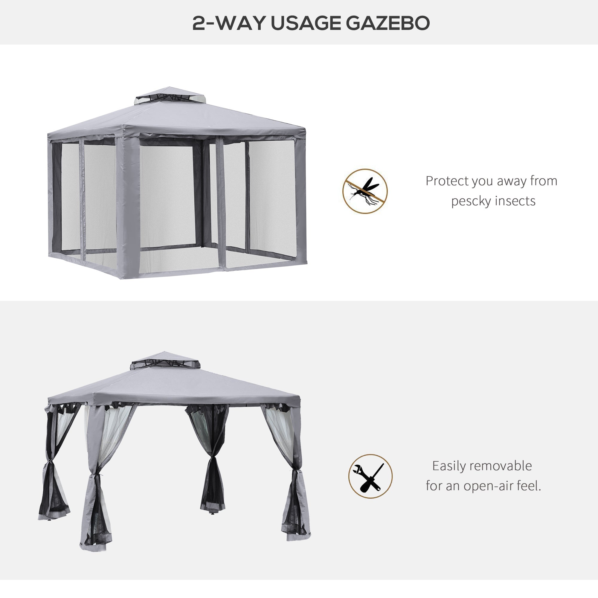 Outsunny Patio Gazebo 9.6x9.6ft Outdoor Pavilion 2 Tier Roof Canopy Steel Frame Grey 