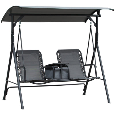 Outsunny 2-Person Patio Swing Chair Covered Porch Swing with Pivot Storage Table, Cup Holder, & Adjustable Overhead Canopy, Grey 