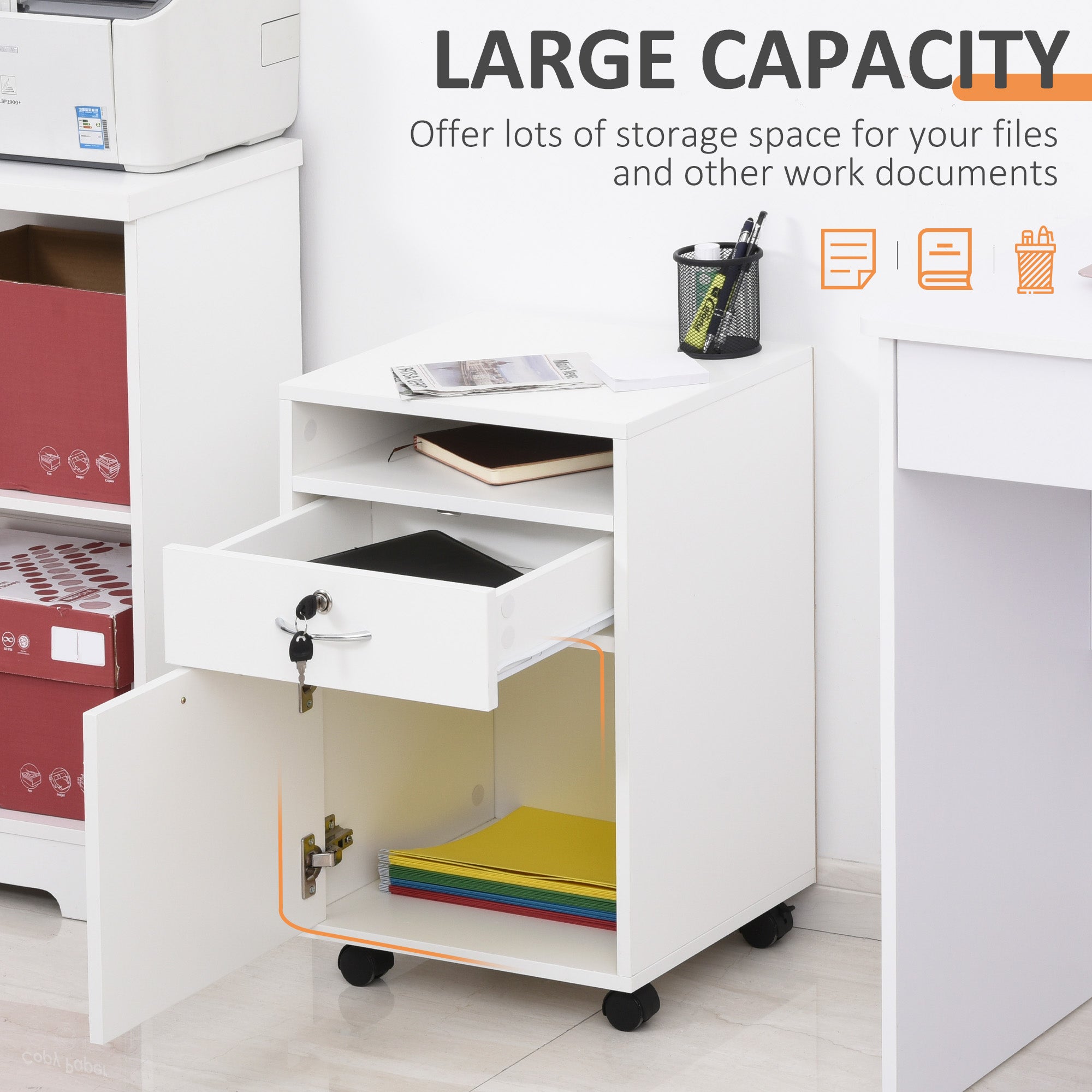 HOMCOM Lockable Filing Cabinet: 24" Vertical Mobile Cabinet for Secure Office Storage, White 