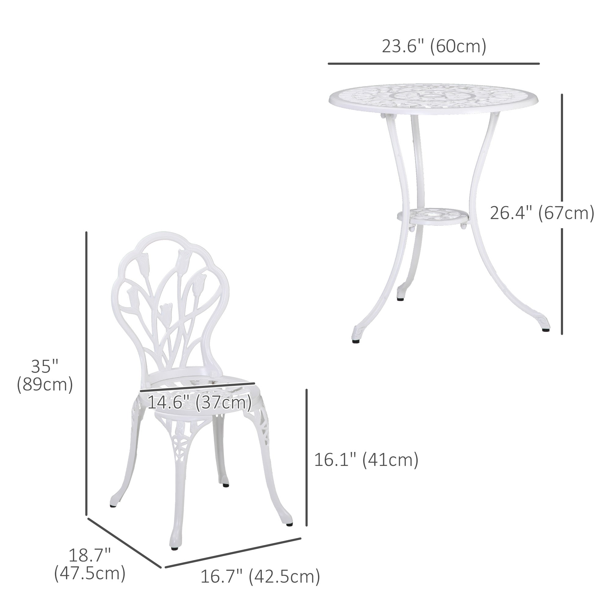 Outsunny 3-Piece Cast Aluminum Patio Bistro Set, Outdoor Table and Chairs with Umbrella Hole, Elegant Design, White 