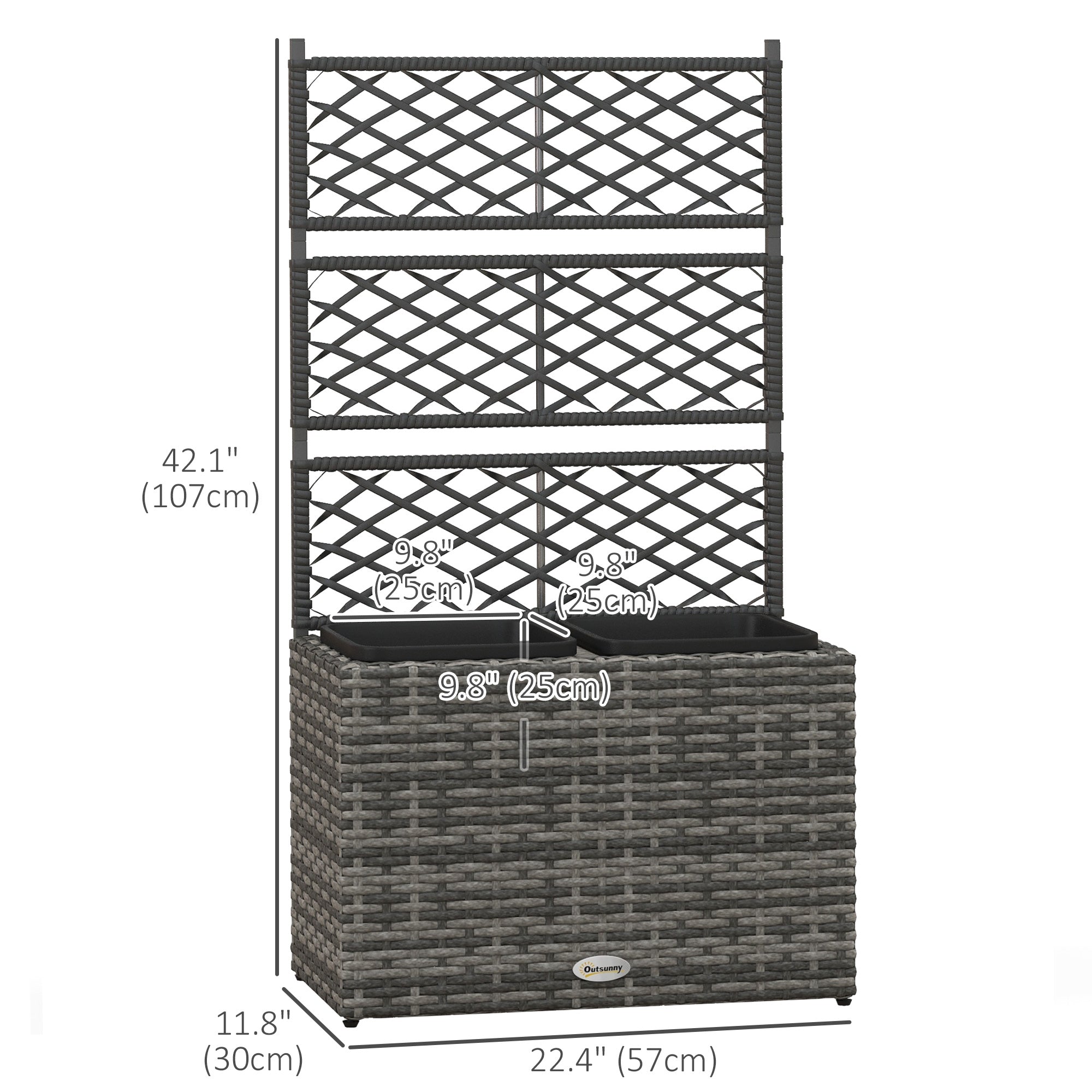 Outsunny Raised Garden Box 22L with Trellis PE Rattan Free Standing Planter for Climbing Plants Mixed Grey 