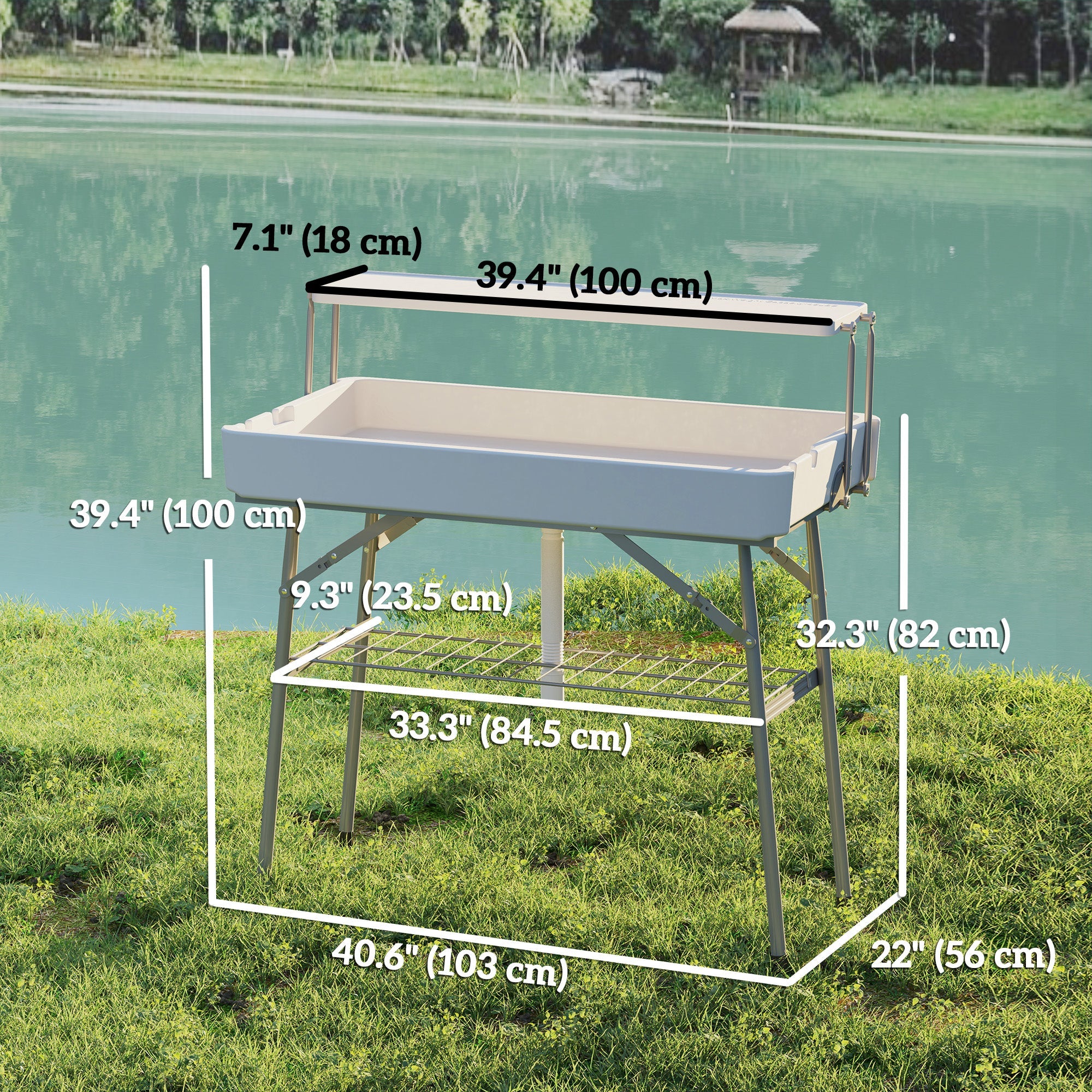 Outsunny 3.5ft Folding Ice Cooler Table with Drain, 2-Tier Party Cooler Table Outdoor Cooler Table with Shelf, Patio Cooler Table for Party Picnic BBQ Camping Wedding, White 