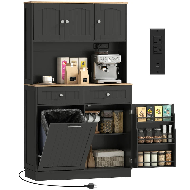 68" Pantry Cabinet with Charging Station, Storage Cabinet with Microwave Stand, 10 Gallon Trash Can Cabinet, Black