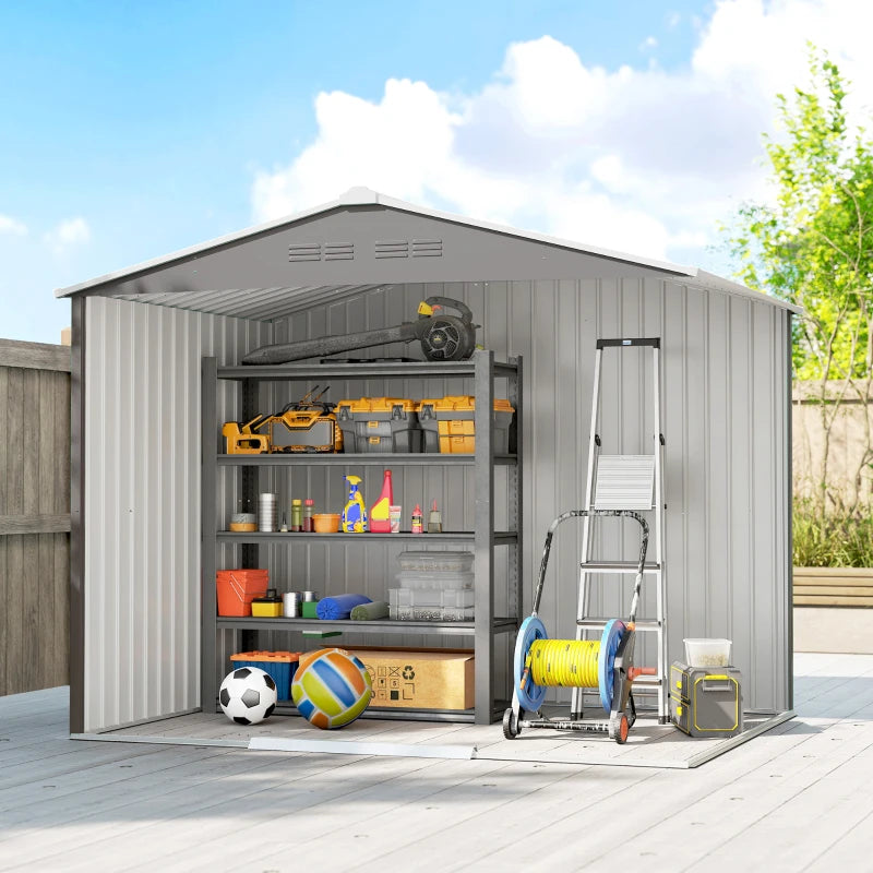 8' x 6' Outdoor Storage Shed, Metal Garden Tool Storage House with Lockable Sliding Doors and Vents, Light Grey