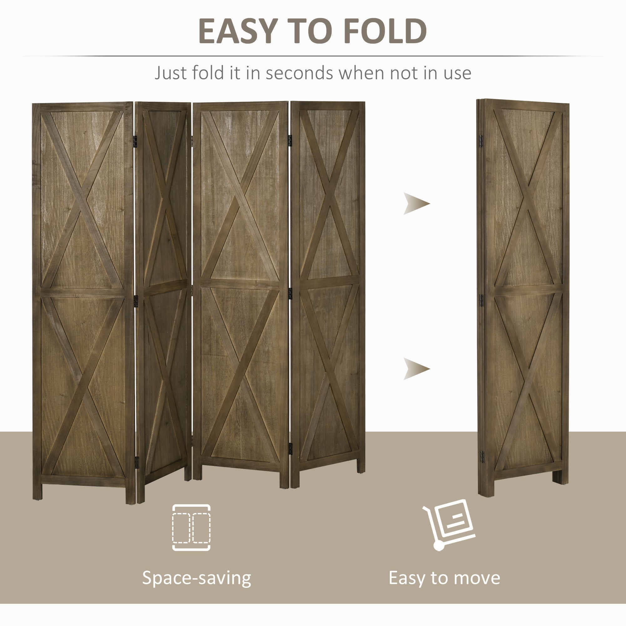 HOMCOM 4-Panel Wall Partition Farmhouse Room Separator: Foldable Design Wooden Frame 5.6FT, Brown 