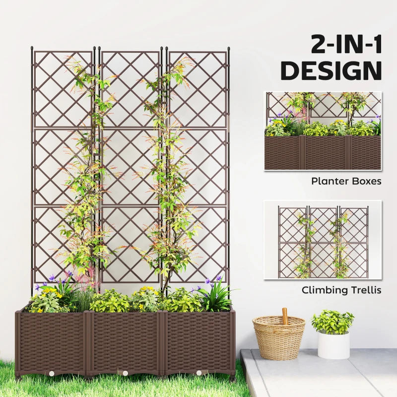 Plastic Raised Garden Bed with Trellis, Self Watering Planter Box with Wheels, Drainage Holes and Plugs