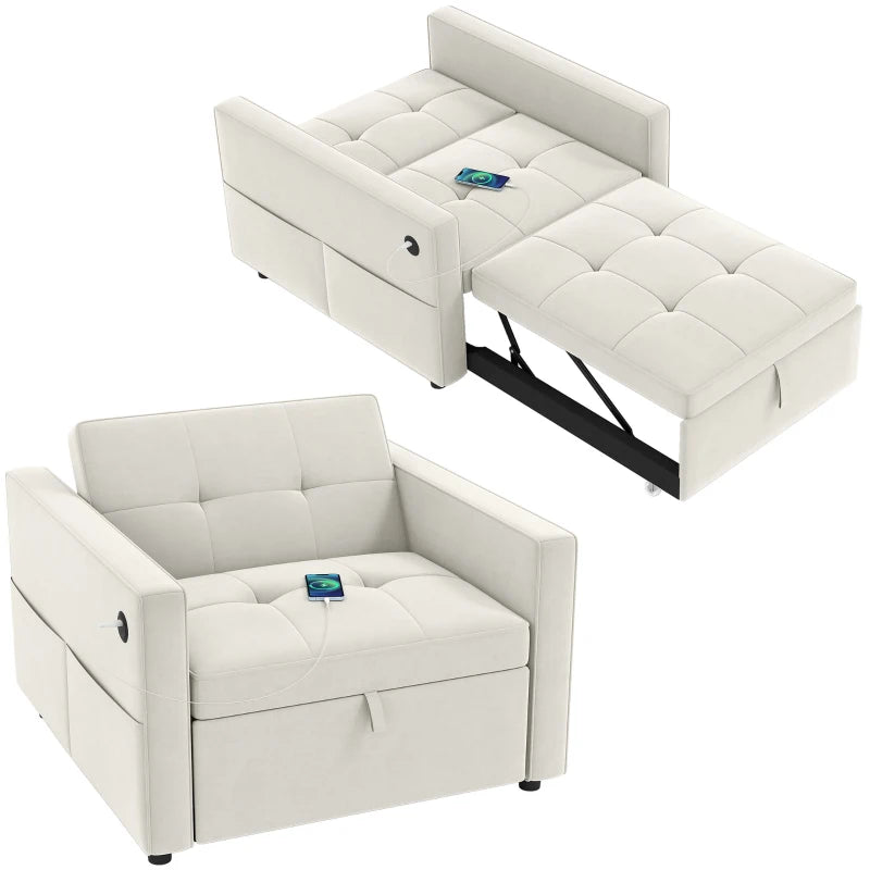 Convertible Chair Bed, Pull Out Sleeper Chair with USB, Adjustable Backrest, Small Velvet Futon Sofa Bed, Cream White