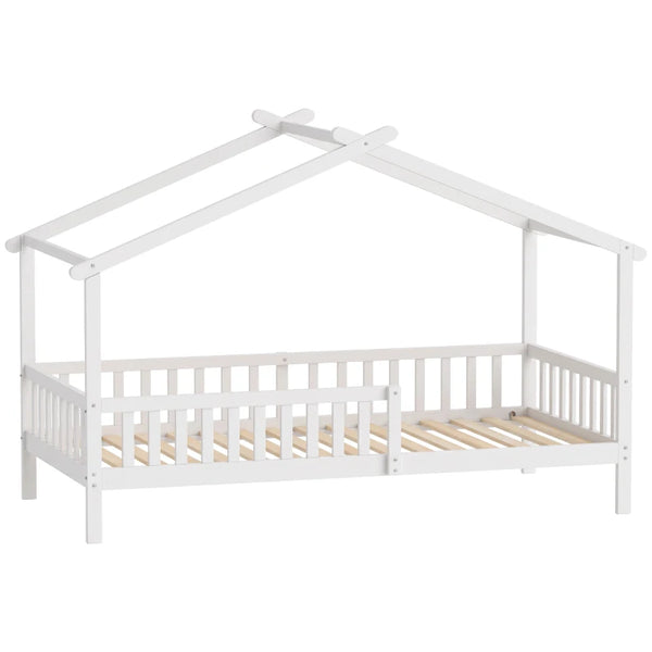 Twin House Bed Frame with Roof, Solid Wood Montessori-Style Kids Bed with Guardrails – White