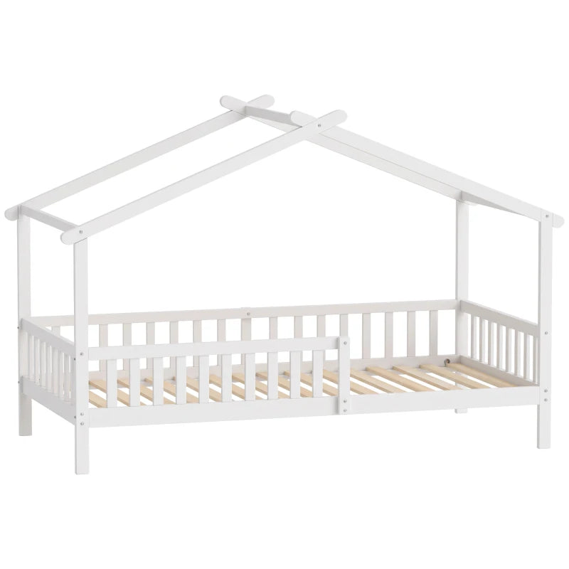 Twin House Bed Frame with Roof, Solid Wood Montessori-Style Kids Bed with Guardrails – White