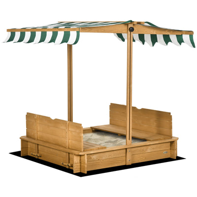 Outsunny Kids Sandbox Wooden with Cover Adjustable Canopy Foldable Bench Seats Sand Play Light Brown 