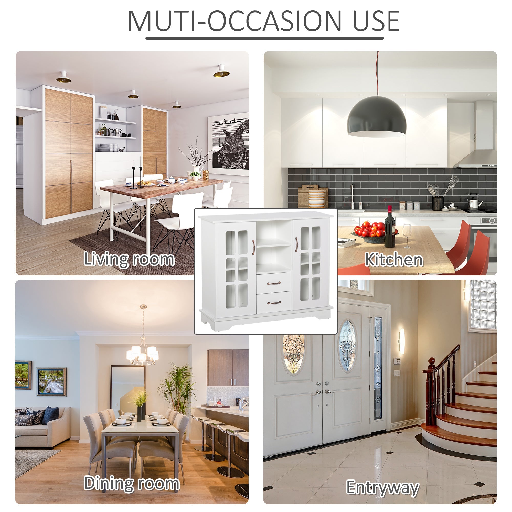 HOMCOM Elegant Buffet Bliss: Kitchen Sideboard with 2 Drawers, Glass Doors for Coffee Bar Storage, White Finish 