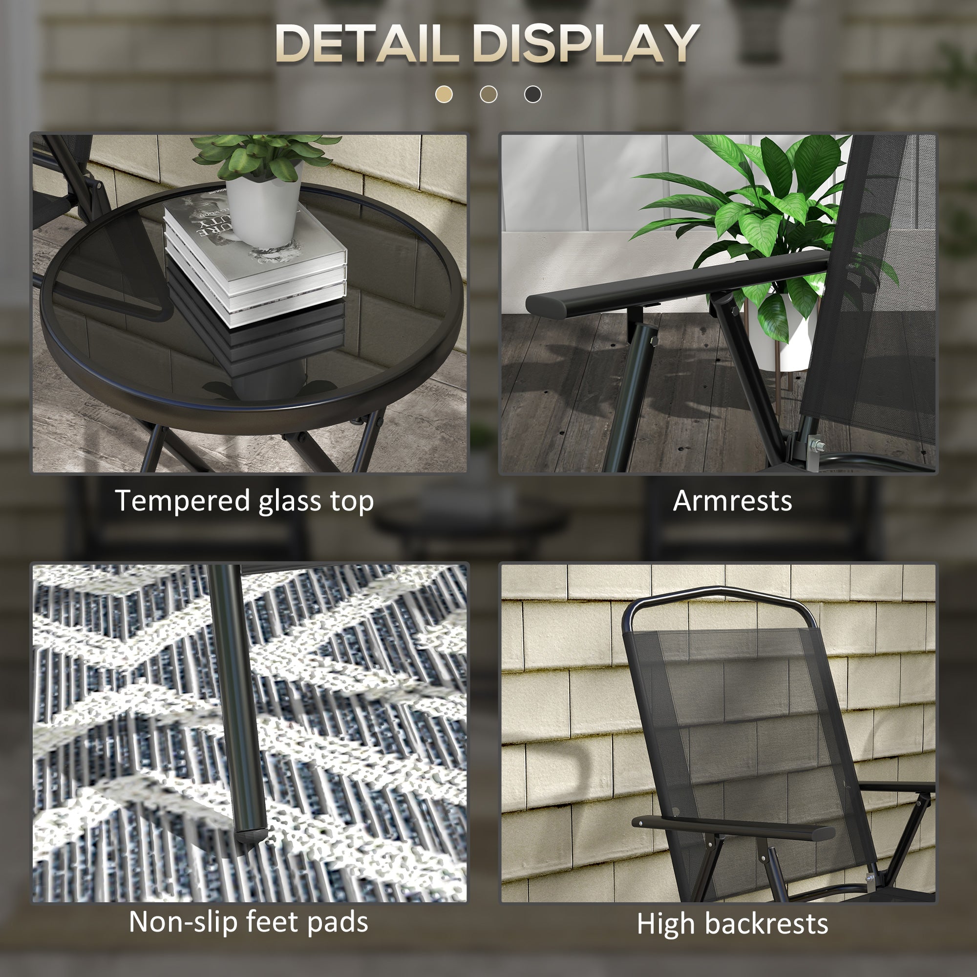 Outsunny 3 Pieces Bistro Set, Foldable Patio Furniture Set with Mesh Chairs, Glass Table for Garden, Balcony, Black 