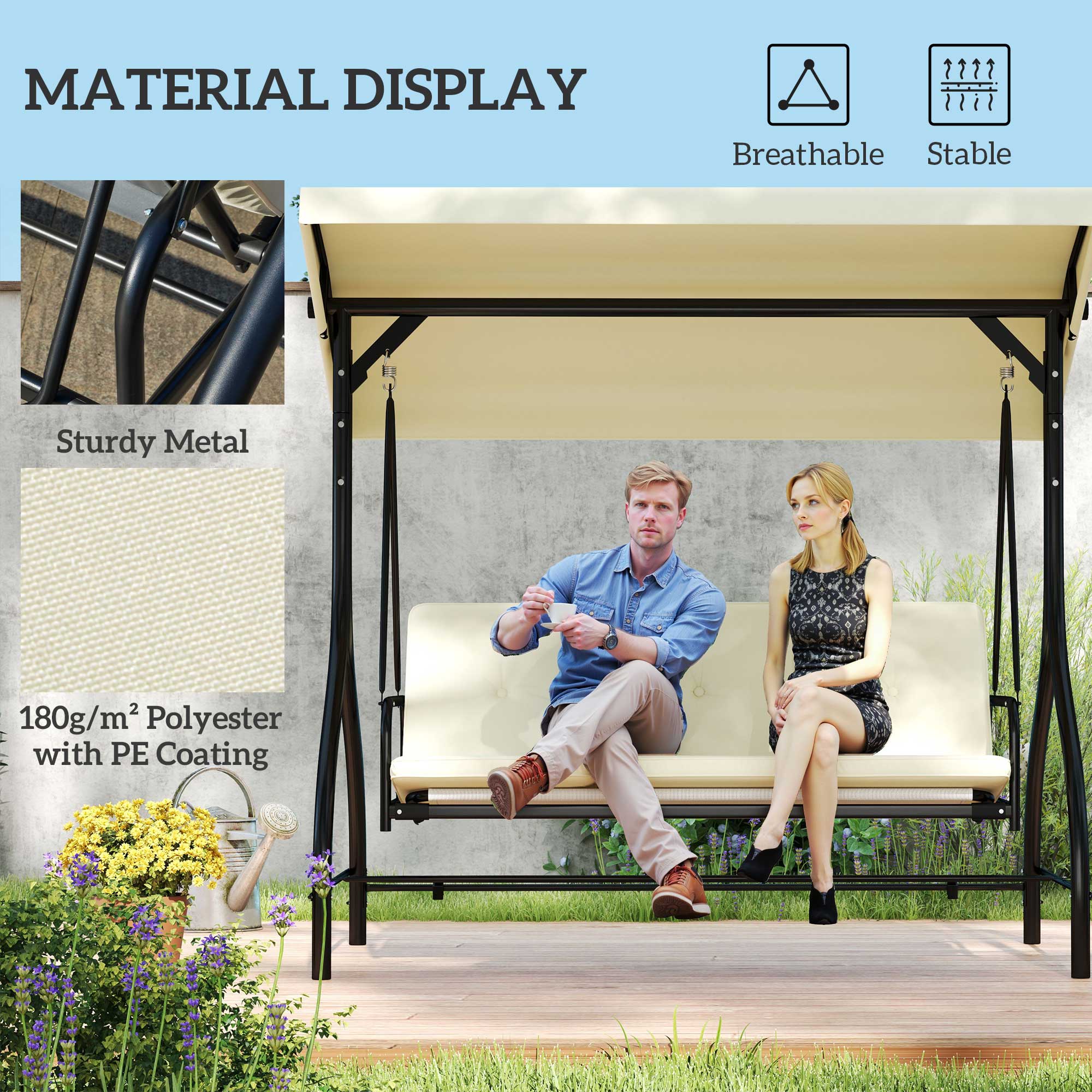 Outsunny Convertible Patio Swing Bed with Canopy and Cushions, 3 Seater Porch Swing for Outdoor, Backyard, Garden, Beige 