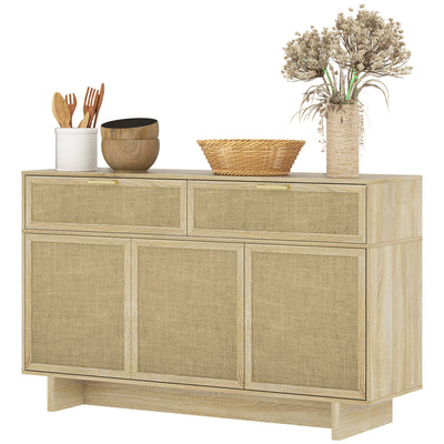 HOMCOM Boho Kitchen Sideboard Buffet Cabinet with Hinge Doors, Drawers and Adjustable Shelf for Living Room, Natural Wood 