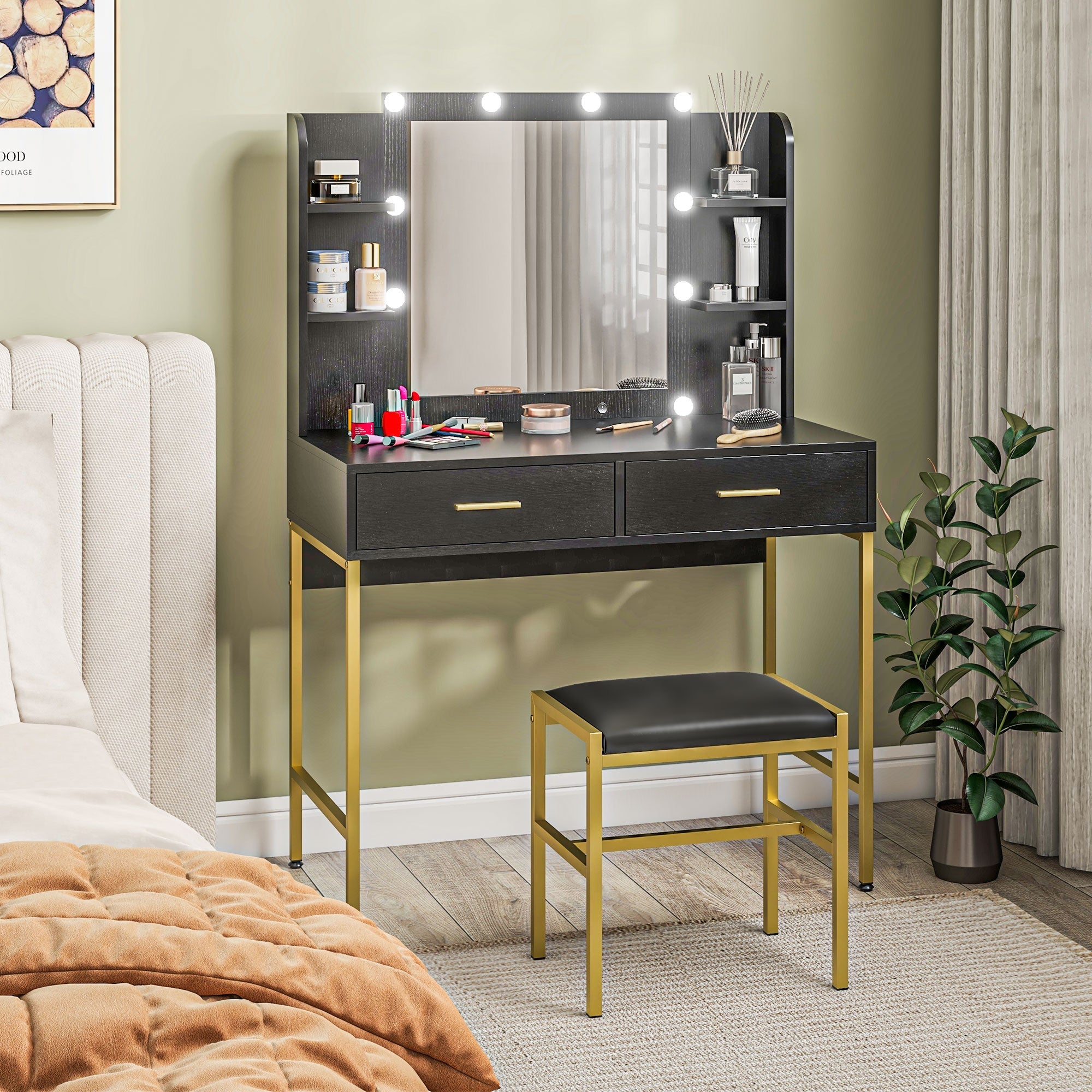 HOMCOM Makeup Vanity Desk Set with Lighted Mirror, Stool, Drawers, Shelves, 2 Lighting Modes, Dressing Table, Black 