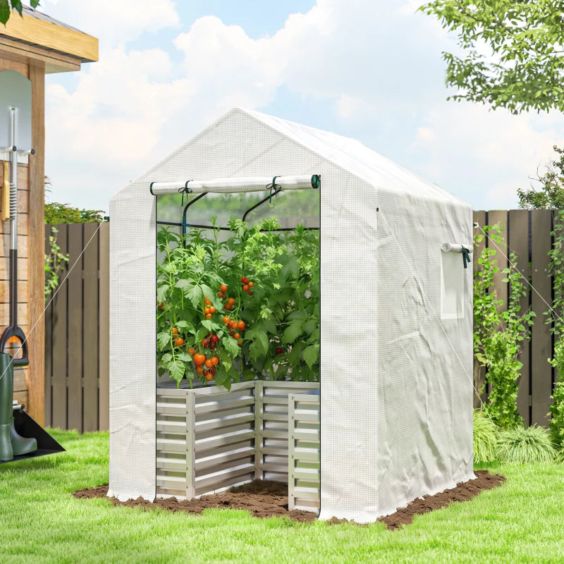 Greenhouse with Raised Garden Bed, Galvanized Metal Planter Box with PE Cover, Roll Up Door, 56" x 56" x 75", White