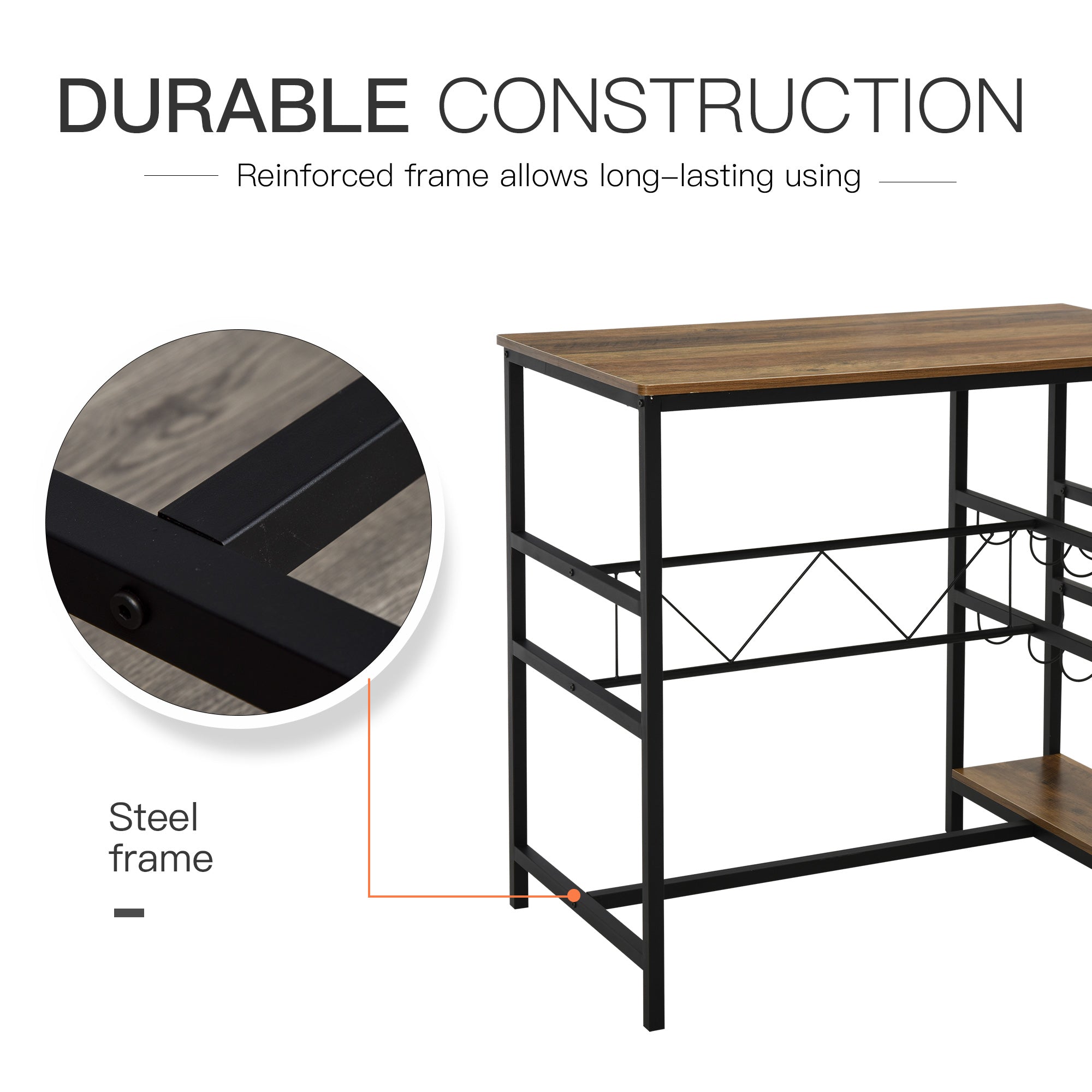HOMCOM 3 Piece Dining Set Table Chairs Bar Bistro 8-Bottle Wine Rack Cup Holder Metal Frame 
