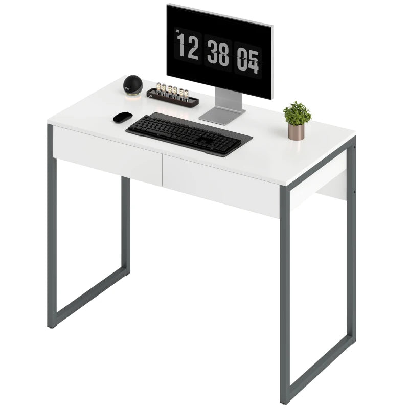 High Gloss Home Office Desk, 39" x 20" Computer Desk with 2 Drawers for Small Spaces, White and Grey