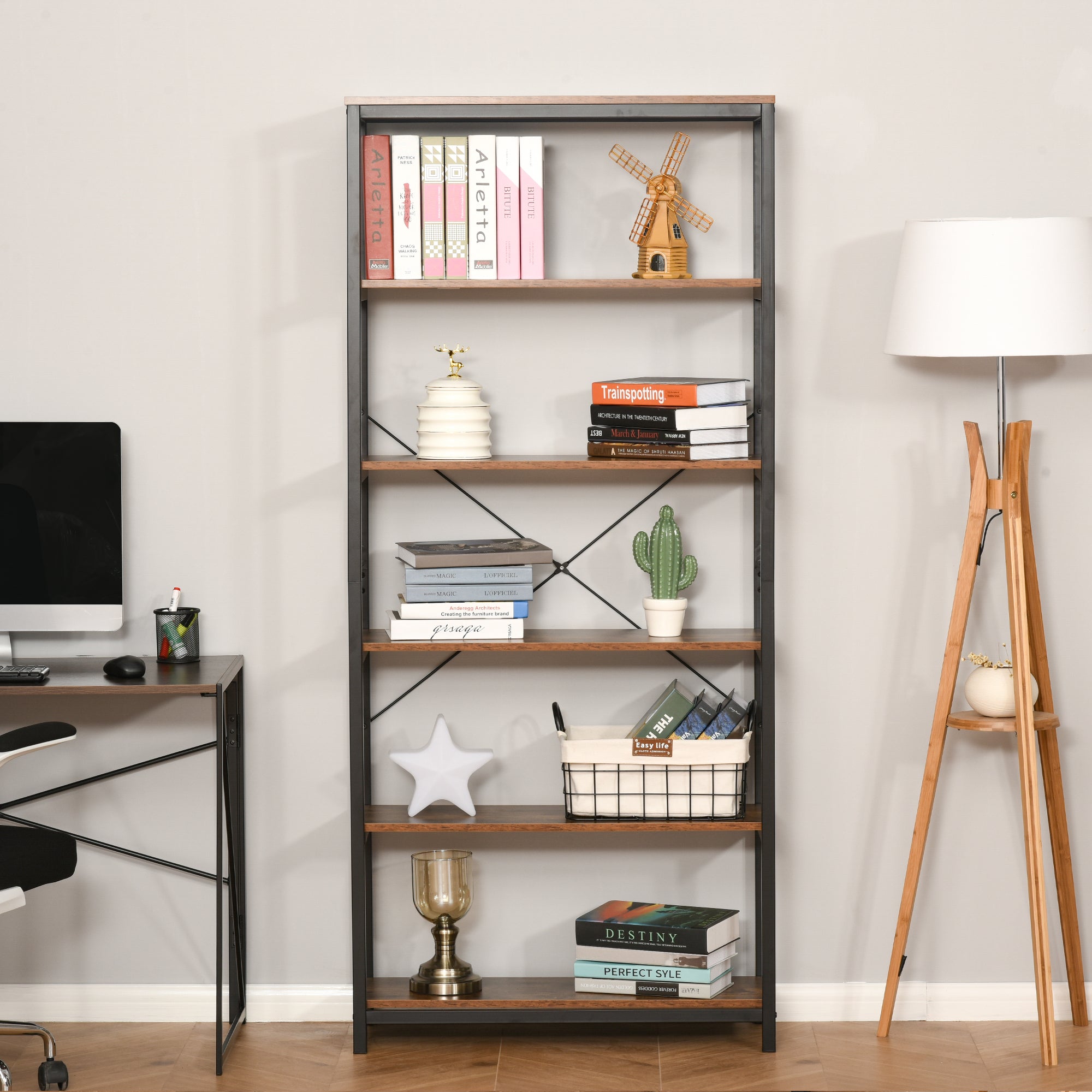 HOMCOM Bookcase 6-Tier Retro Industrial Metal Frame Display Shelf Living Room Study 
