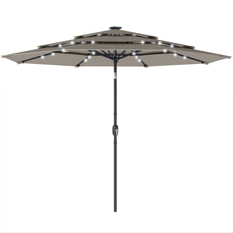 9.3 ft Patio Umbrella with Solar LED Lights, Cover, 3 Tier Outdoor Market Table Parasol with Tilt, Crank, Grey