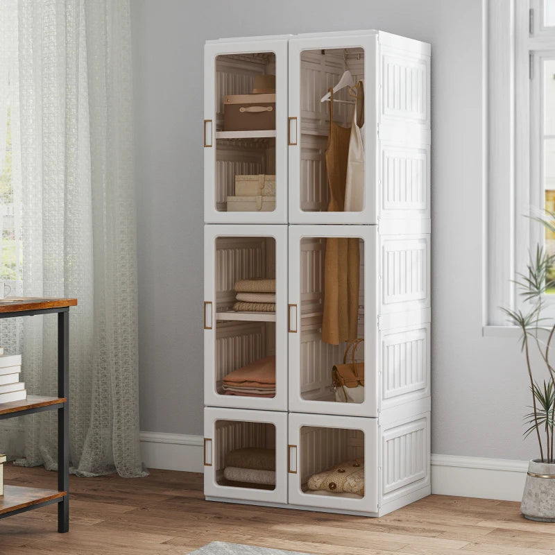 Portable Wardrobe, Foldable Plastic Closet with 6 Compartments, Hanging Rod and Magnetic Doors, White