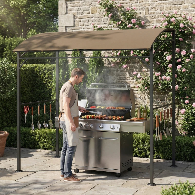 7' x 5' Garden Grill Canopy, BBQ Grill Gazebo Tent with Steel Frame and Hooks, Outdoor Sun Shade, Dark Coffee