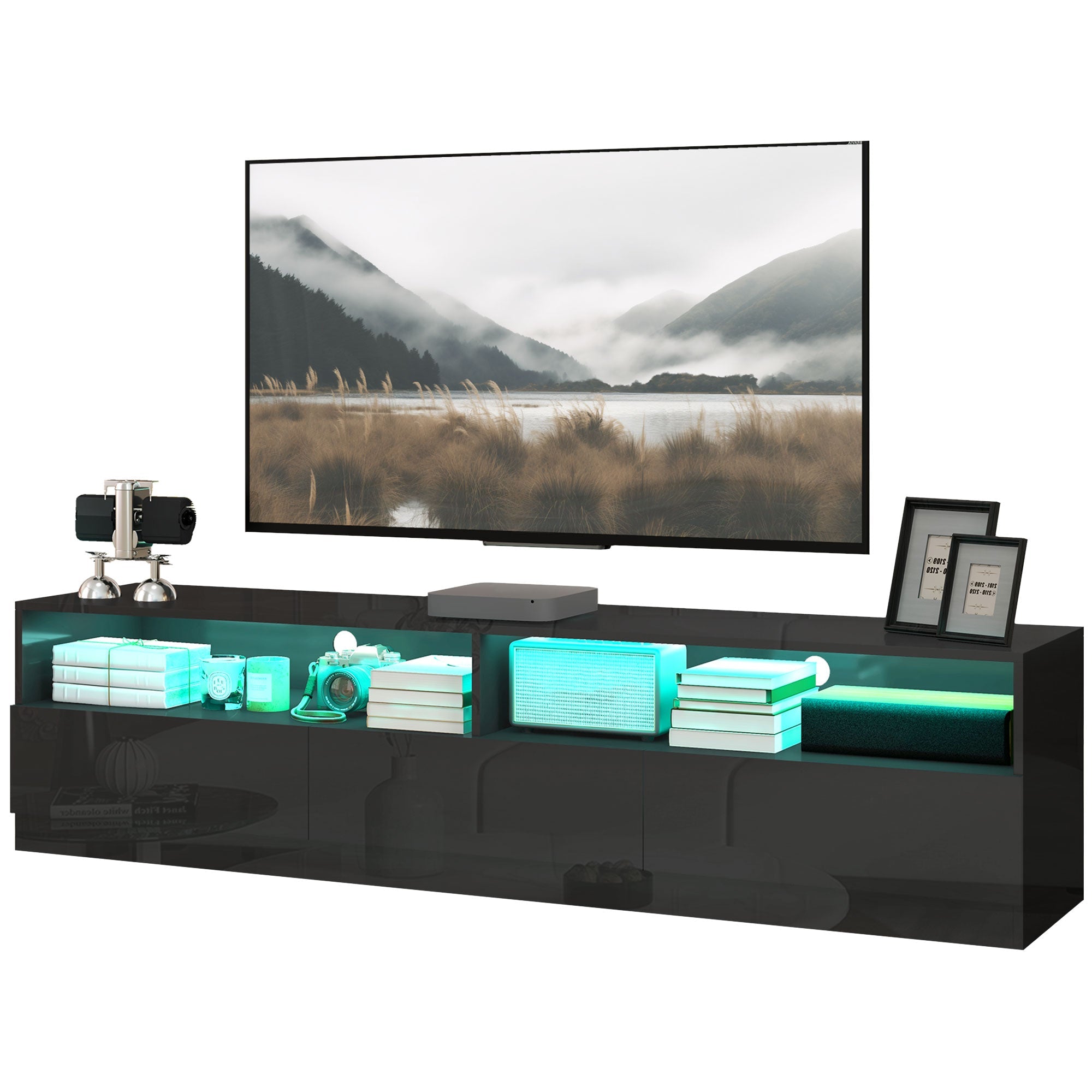 HOMCOM LED Lighted TV Stand for TVs up to 75", Modern TV Cabinet with Storage Drawers for Living Room, High Gloss Black 