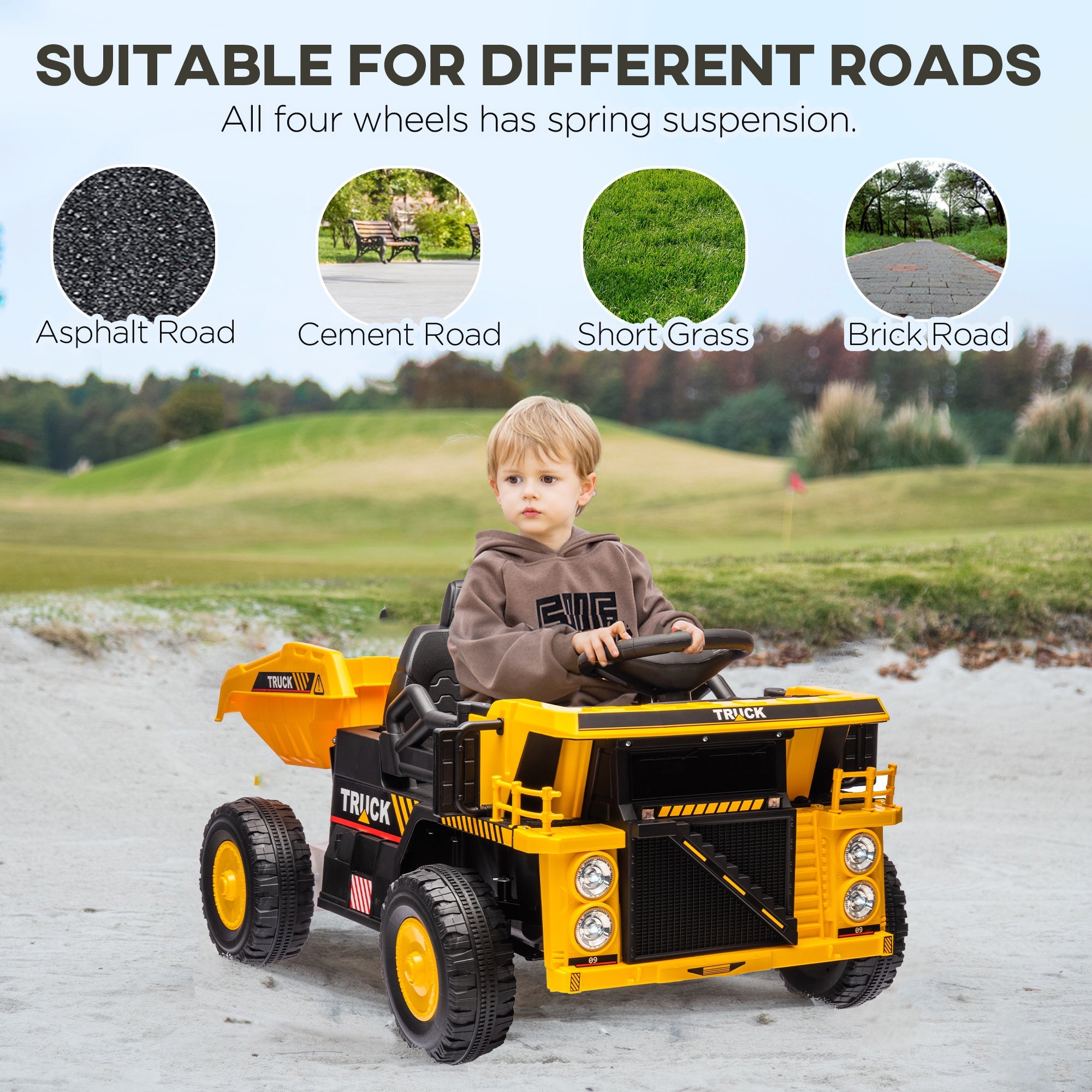Qaba 12V Kids Ride On Dump Truck Construction Vehicle w/ Electric Dump Bed, Shovel, Spring Suspension Wheels 
