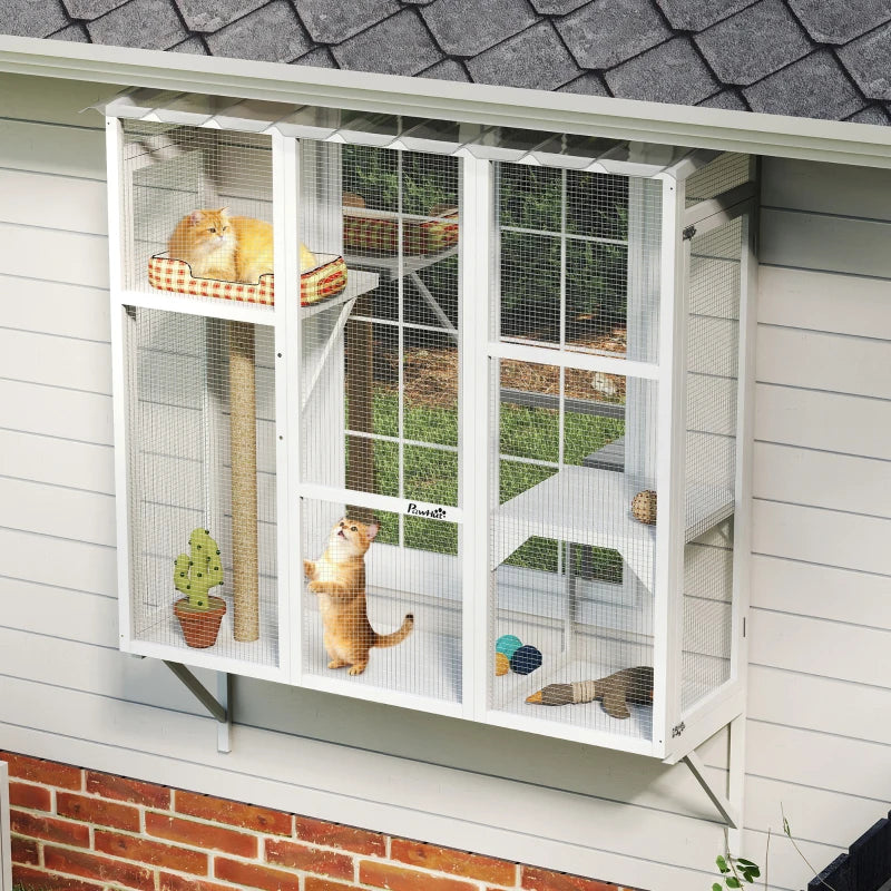 Wooden Catio Outdoor, Cat Window Box Enclosure for 2-3 Large Cats with 2 Jumping Platforms & Scratching Post, White