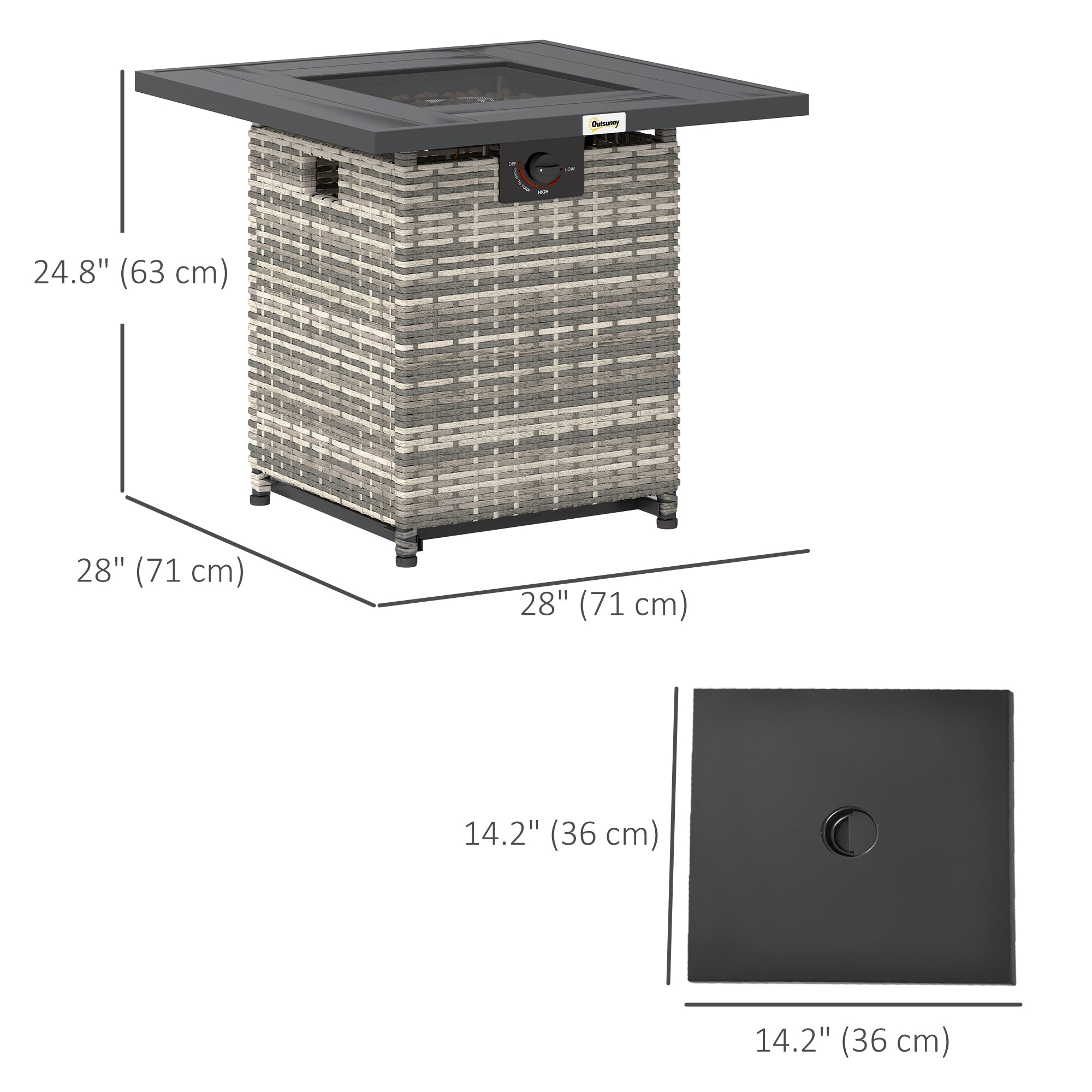 Outsunny 28 Inch Propane Fire Pit Table, 40,000 BTU Rattan Gas Fire Pit Table with Rain Cover, Mesh Lid, Lava Stone, Mixed Grey 