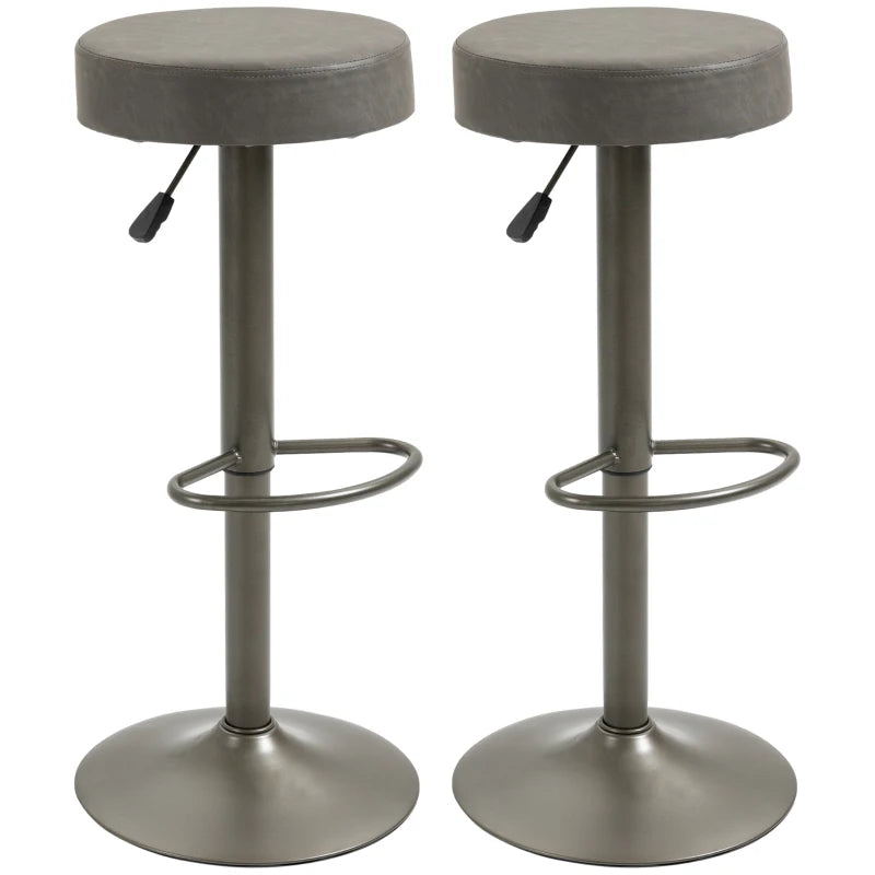Modern Adjustable Bar Stools Set of 2, Swivel Barstool with Footrest, PU Leather Round Top for Kitchen, Dark Grey