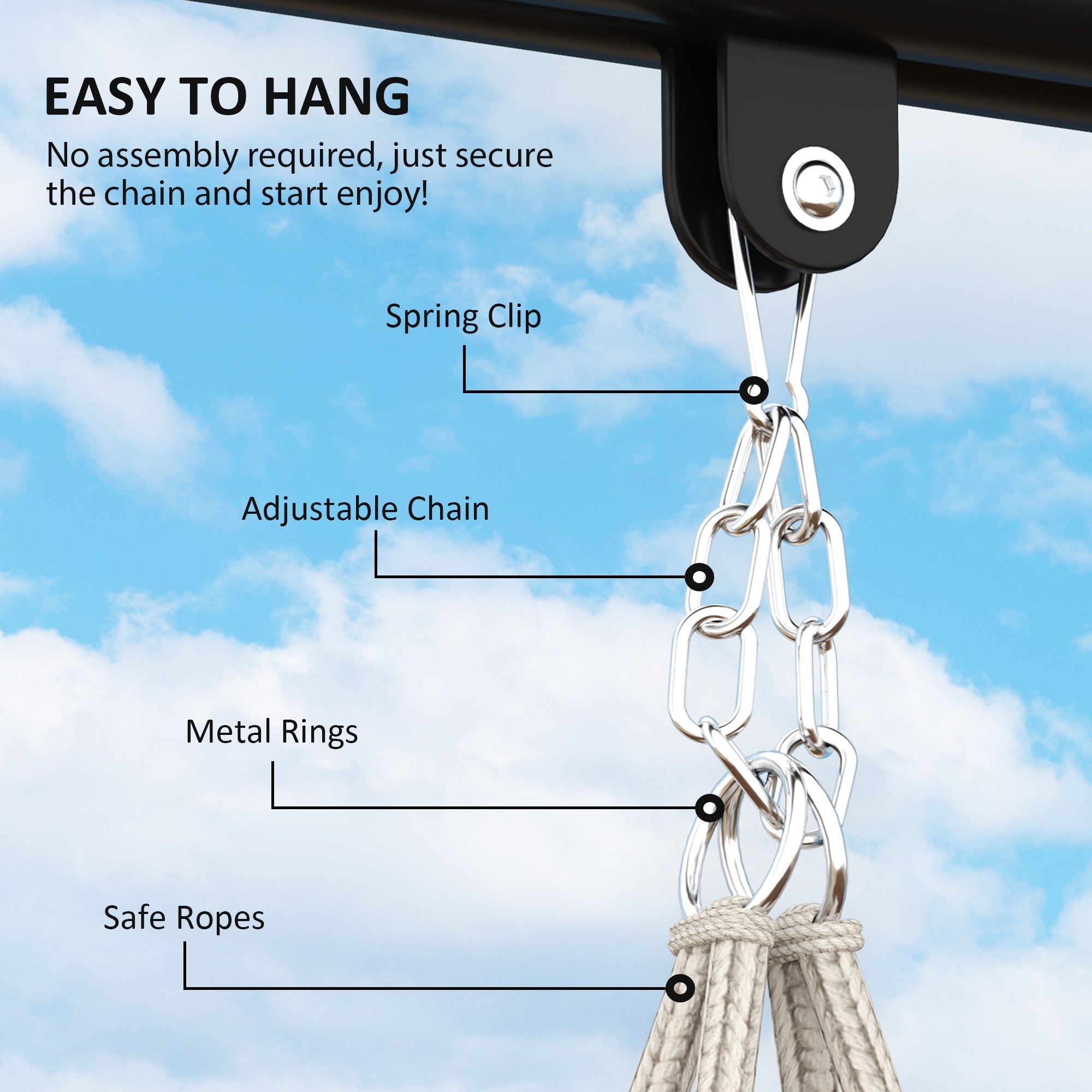 Outsunny Boho Hammock Chair Swing Hanging Chair with Cushion, Chain, Steel Frame for Indoor Outdoor Bedroom Patio Balcony, Cream 