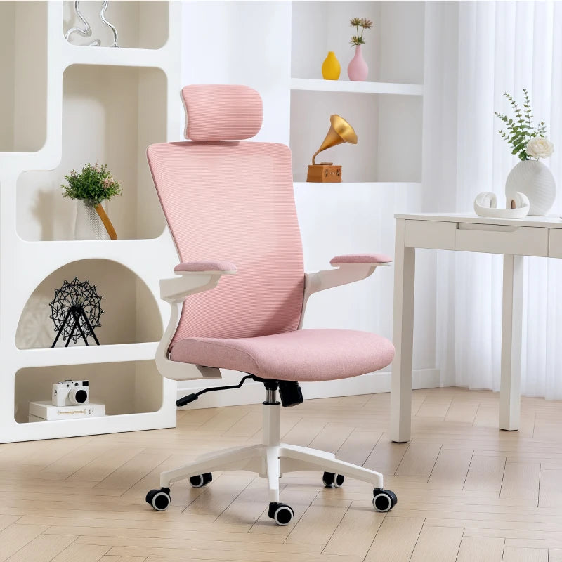 Ergonomic Office Chair, Swivel Desk Chair with Adjustable Lumbar Support, Headrest and Height, Flip-up Armrests, Pink