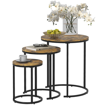 HOMCOM Nesting Coffee Tables Set of 3, Stacking Round Side Tables with Steel Frame for Living Room, Rustic Brown 