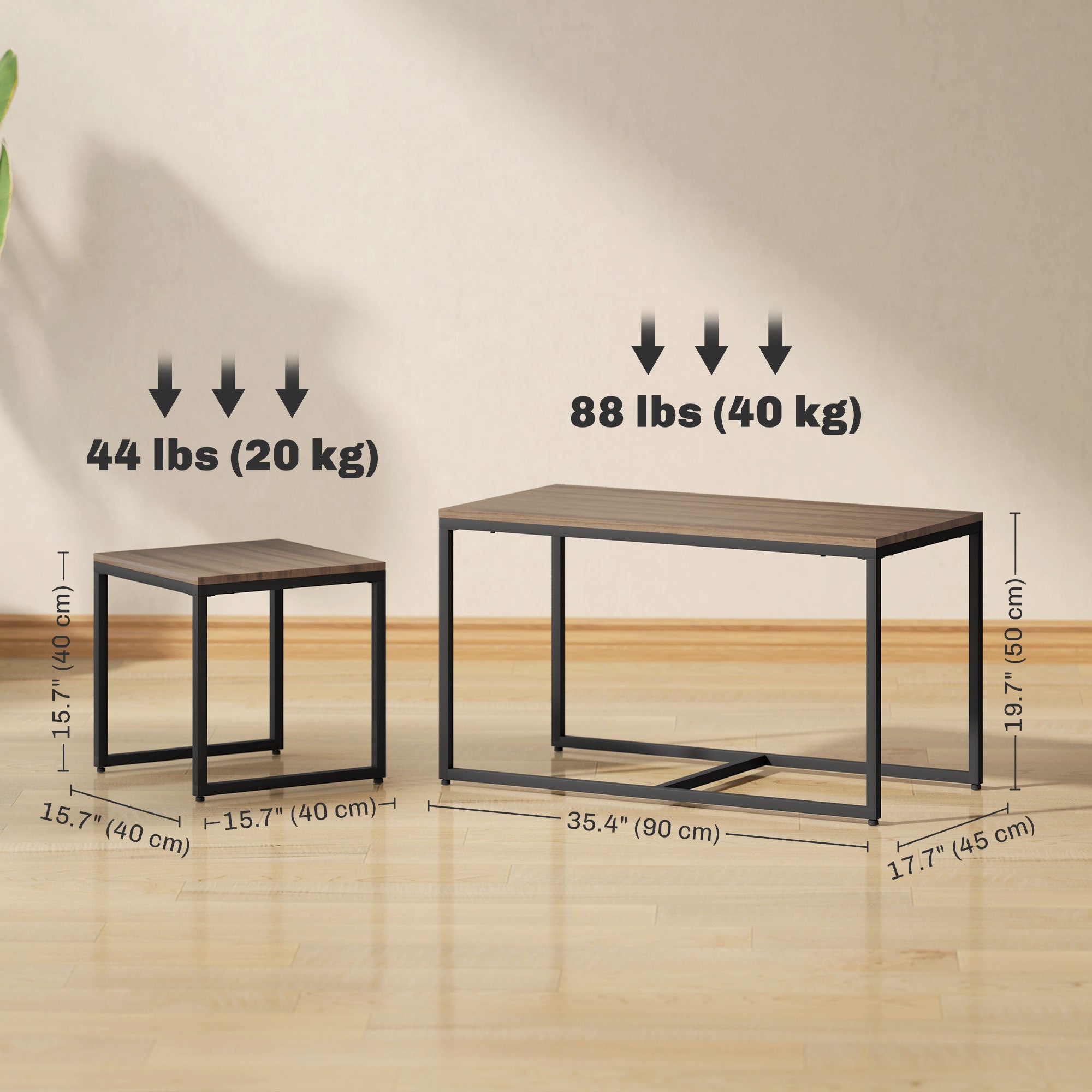 HOMCOM Nesting Coffee Table Set of 3, Modern End Tables with Black Metal Frame for Living Room Home Furniture, Brown 