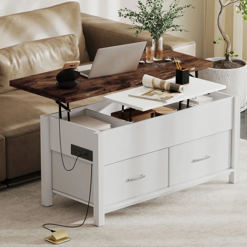Lift Top Coffee Table, Center Table with 3 Hidden Compartments, 2 Fabric Drawers, Expandable Top and Charging Station