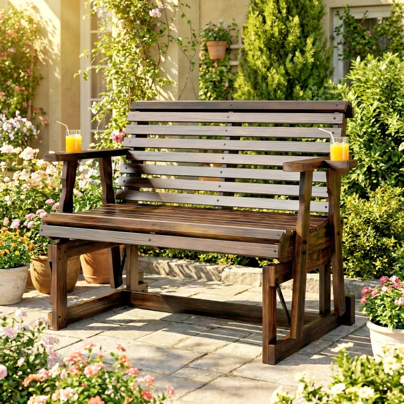 Outdoor Glider Bench, Wooden Glider Chair with 2 Cupholders, Slatted Seat and Armrests, Patio Swing Rocking Loveseat