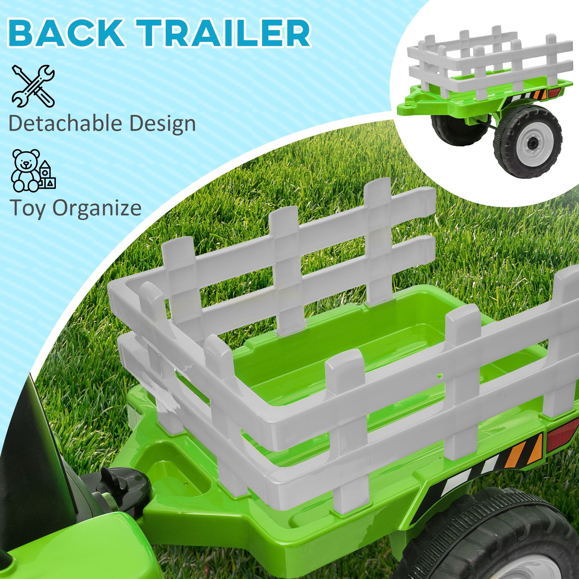 Aosom 12V Electric Tractor for Kids - Ride-On with Trailer, Battery Powered, Remote Control, Music, Start-Up Sound & Horn, Green 