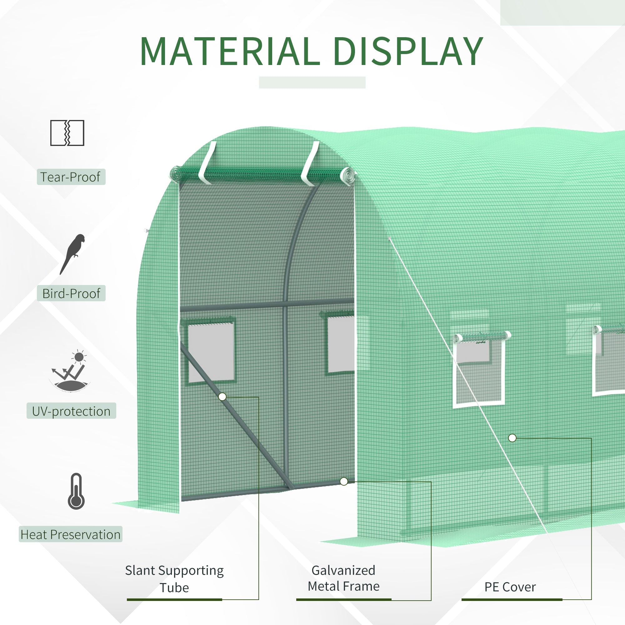 Outsunny Walk-in Tunnel Greenhouse, 13 x 6.4 x 6.5 ft Hoop House with Zipped Roll-Up Door and 8 Mesh Windows, Outdoor Greenhouse with Galvanised Steel Frame, Green 