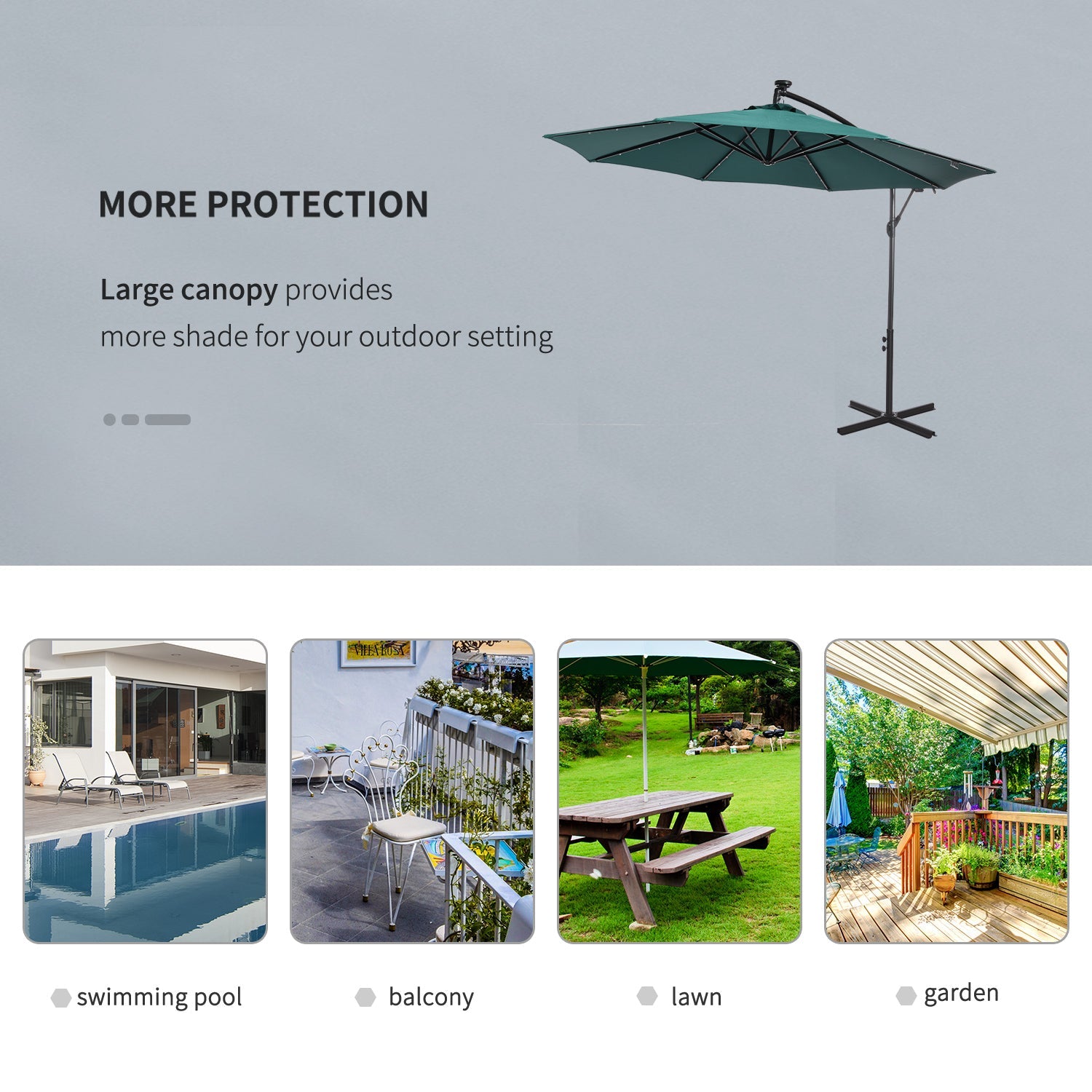 Outsunny 10ft Solar LED Cantilever Umbrella: Outdoor Banana Parasol with Lights & Adjustable Angle for Backyard, Dark Green 
