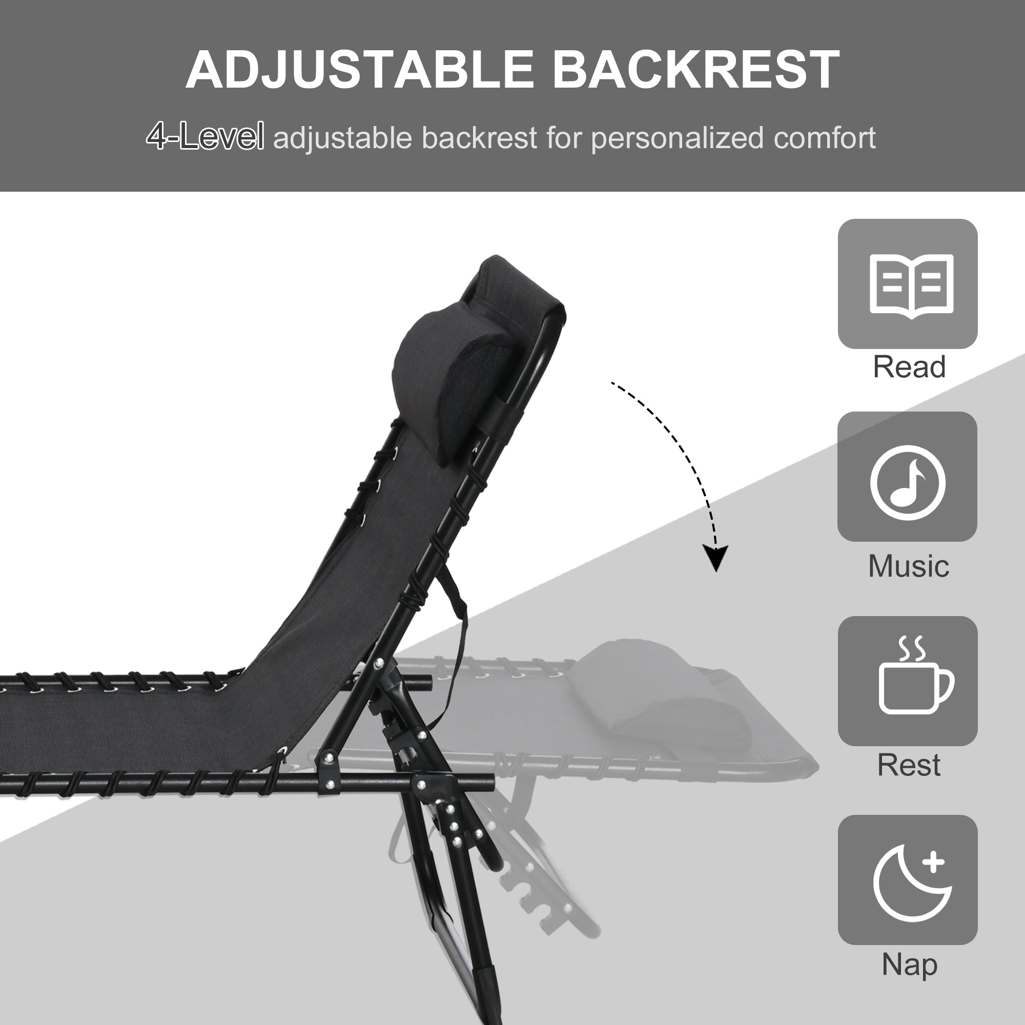 Outsunny Adjustable Folding Beach Bed 4-Level Reclining Lounger Lightweight Portable Camping Black 
