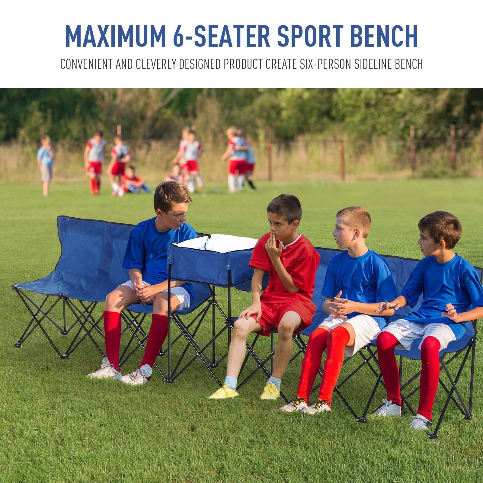 Outsunny 6 Seat Sport Bench Camp Seat Crowd Folding Portable Cooler Bag w/ Carrying Case Blue 