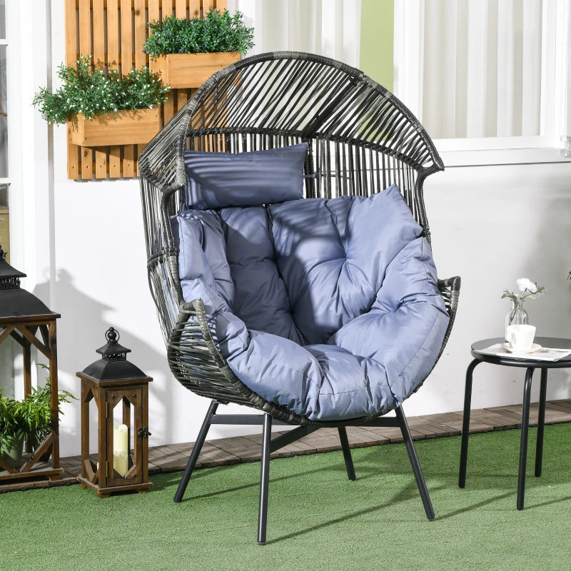 Wicker Egg Chair Outdoor Indoor Rattan Oversized Patio Lounge Chair with 5.5" Cushions and Headrest, Grey